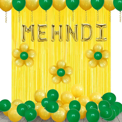 ARV Solid Mehndi Ceremony Decoration Kit 1 Foil Banner,2 Curtain with 30 Metallic Balloons Balloon(Gold, Yellow, Green, Pack of 37)