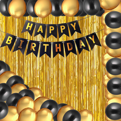 PARTY MIDLINKERZ Solid Golden Happy Birthday Decoration, 1st Birthday - 33 Pcs for Birthday Celebration Balloon(Gold, Black, Pack of 33)