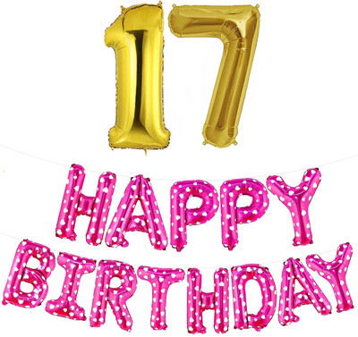 kinegic Solid 17th Birthday Decorations Combo – Happy Birthday and 17 Number Foil Balloon Set Letter Balloon(Pink, Pack of 15)