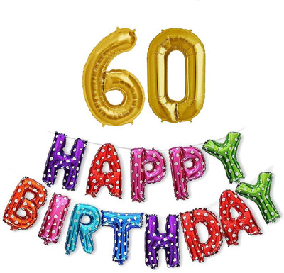kinegic Solid 60th Birthday Decorations Combo – Happy Birthday and 60 Number Foil Balloon Set Letter Balloon(Multicolor, Pack of 15)