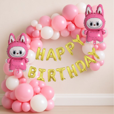 GIFTELLA Solid Labubu Printed Foil with Pastel Pink & White Balloon & Gold Happy Foil Balloon(Pink, White, Gold, Pack of 75)