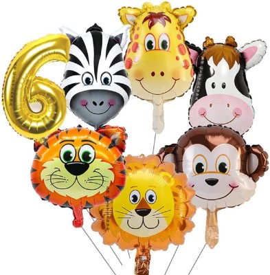 Giftzadda Solid 6th Jungle Theme Animal Face Foil Balloon for Birthday Party Decoration of kids Balloon(Multicolor, Pack of 7)