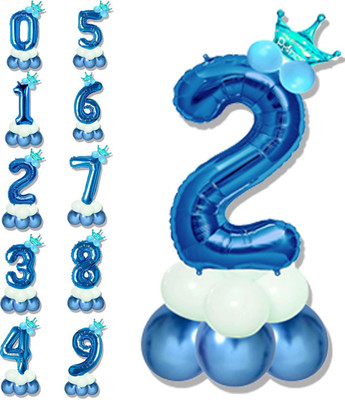 Fun Town Solid Birthday/Anniversary Decoration Pastel Balloons,Crown,2 Number Foil Balloons Set Balloon(Blue, Pack of 14)