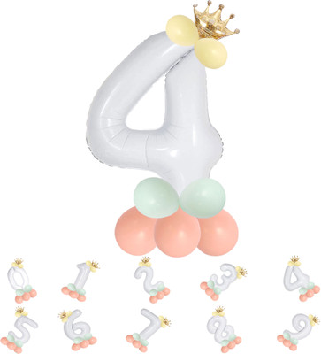 Décor Mantra Solid Pastel Balloons,Crown,4 Number Foil Balloons Set Birthday/Anniversary Decoration Letter Balloon(White, Pack of 13)