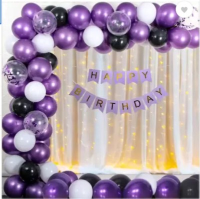 Magic Balloons Printed Purple Black and White with White Net Curtain for Birthday Decoration Combo Kit. Balloon(Multicolor, Pack of 49)