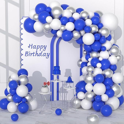 R G ACCESSORIES Solid Blue White Silver Balloons Garland Decoration Kit With Arch Pack Of 50 Balloon(Blue, White, Silver, Pack of 50)