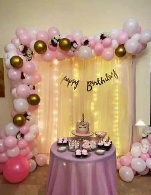 prihek Solid Net Light Birthday Decoration Set Balloon(Pink, White, Gold, Pack of 50)