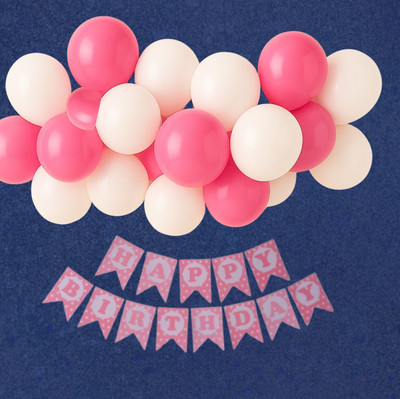 GIFTELLA Solid 1 pc Pink Polka Dot Happy Birthday Banner with 10 pc Pink and White Latex Balloon(Pink, White, Pack of 21)