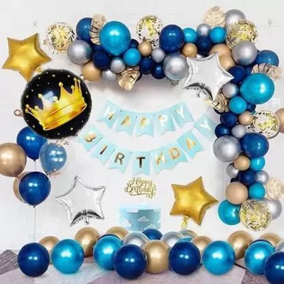 PARTY MIDLINKERZ Solid Golden & Blue Happy Birthday Decoration Combo Kit Birthday Decoration Boys Girl Balloon(Multicolor, Pack of 52)