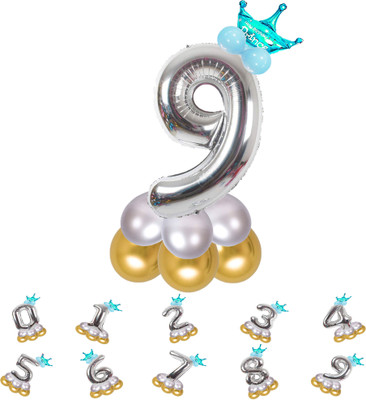 Décor Mantra Solid Pastel Balloons,Crown,9 Number Foil Balloons Set Birthday/Anniversary Decoration Letter Balloon(Silver, Pack of 14)