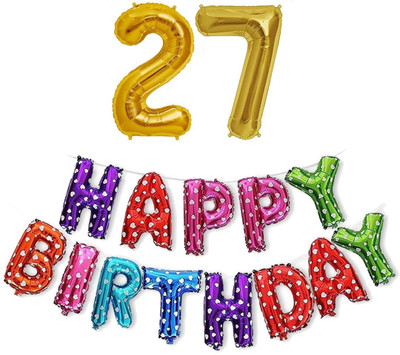 kinegic Solid 27th Birthday Decorations Combo – Happy Birthday and 27 Number Foil Balloon Set Letter Balloon(Multicolor, Pack of 15)