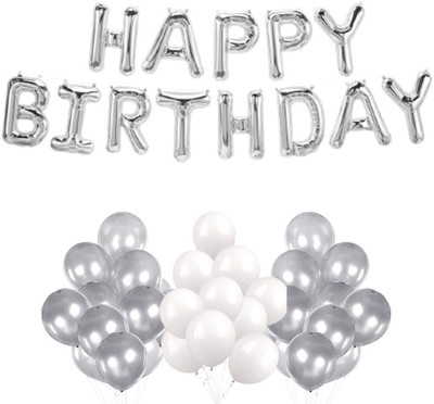 Decor Mart Solid Birthday Kit 16inch Silver Foil Happy Birthday, 20 Silver White Balloons Balloon(Multicolor, Pack of 33)