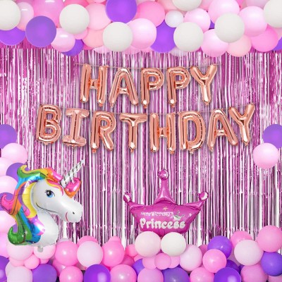 DEQUERA Solid Unicorn Theme Birthday Decorations Items Combo Set 34Pcs Kit For Happy Birthday Balloon(Pink, White, Pack of 34)