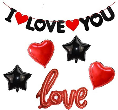 SKYWINS Printed I LOVE YOU Banner with Heart and Star Foil Balloon Combo Balloon(Multicolor, Pack of 6)