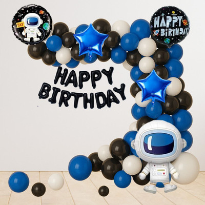 GIFTELLA Printed Space Theme Birthday Party Decorations for Kids with Astronaut Theme Banner Balloon(Blue, Black, White, Pack of 108)