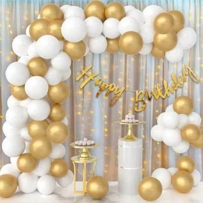 SKYWINS Solid Happy Birthday Decoration Set Balloon Kit Combo Balloon (MulticolorPack of 45) Balloon(Gold, White, Pack of 45)