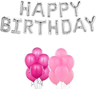Decor Mart Solid Birthday Kit 16inch Silver Foil Happy Birthday, Pink Pastel Pink Balloons Balloon(Multicolor, Pack of 63)