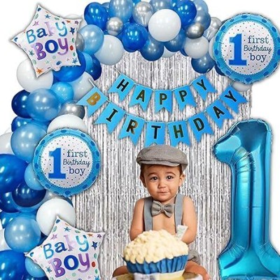 SKYWINS Solid Birthday Decoration Kit Boys-68Pc Combo-60Pc Blue,Silver&White Balloons,1Banner Balloon(Blue, White, Grey, Pack of 60)