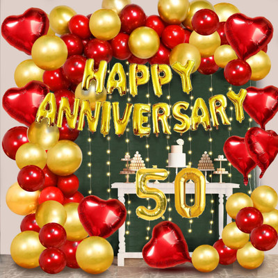 Aoes Solid 50th Anniversary Decoration Kit Romantic Backdrop for Party Celebrations Letter Balloon(Gold, Red, Pack of 81)