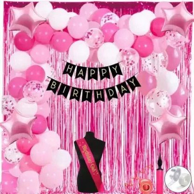 PARTY MIDLINKERZ Solid Pink Theme Birthday Decoration Kit Set Items Combo Balloons for Girls with Sash Balloon(Multicolor, Pack of 68)