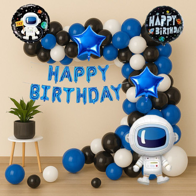 GIFTELLA Solid Astronaut theme birthday decoration kit with blue happy birthday foil set Balloon(Blue, Black, White, Pack of 107)