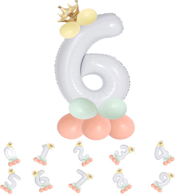 Décor Mantra Solid Pastel Balloons,Crown,6 Number Foil Balloons Set Birthday/Anniversary Decoration Letter Balloon(White, Pack of 13)