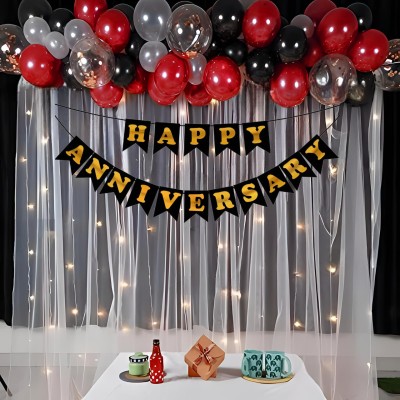 Balloon&You Solid Happy Anniversary Decoration With White Net Curtain & Led Light For Husband Wife Balloon(Red, White, Black, Gold, Pack of 35)