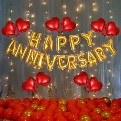 BUC Solid Red And Golden Happy Anniversary Decorations For Home Kit Foil Balloon Balloon(Multicolor, Pack of 73)