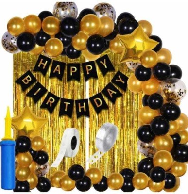Crafty villa Printed Printed Happy Birthday Combo 61 Pcs Birthday Banner Golden Curtain With Balloon Balloon(Multicolor, Pack of 61)