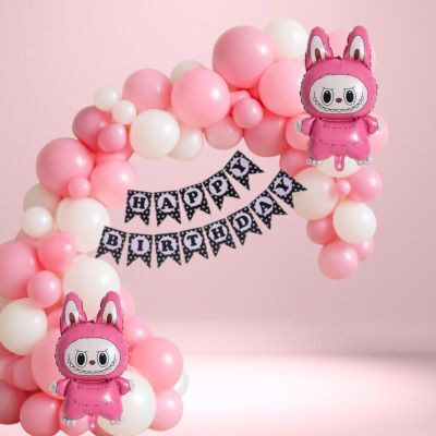 GIFTELLA Solid Pastel Pink & White Balloon with Polka Dot Birthday Banner with Labubu Foil Balloon(Pink, White, Black, Pack of 75)