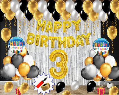 Party Station Solid Pack of 65 pcs - 1 set of Golden Happy Birthday Foil Balloon + 45 pcs of Black, Silver & Golden Metallic Balloons + 2 Silver Shimmer/Curtain + 2 pcs of Round Happy Birthday Foil Balloon + 1 pc of 32 inch 3 Number Foil Balloon + 1 Air pump & Golden Curling Ribbon Balloon(Gold, Sil