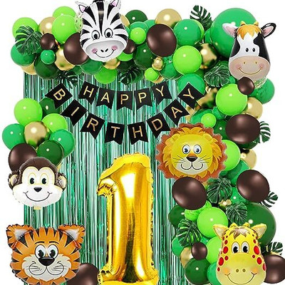groovy dudz Solid 1st Birthday Decoration Jungle Theme Balloon(Multicolor, Pack of 63)