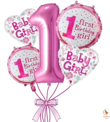 SKYWINS Printed 1st Birthday Balloons,Baby Girl Foil Balloons for Birthday Decorations Balloon(Pink, Pack of 5)