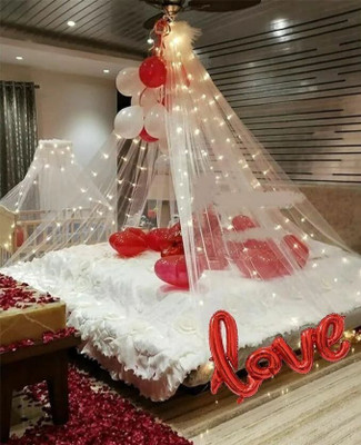 Fun and Flex Printed Tent Romantic Canopy Decoration kit With White Net and Led Light Balloon(Red, White, Pack of 15)