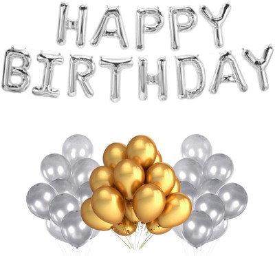 Decor Mart Solid Birthday Kit 16inch Silver Foil Happy Birthday, Silver Gold Balloons Balloon(Multicolor, Pack of 63)