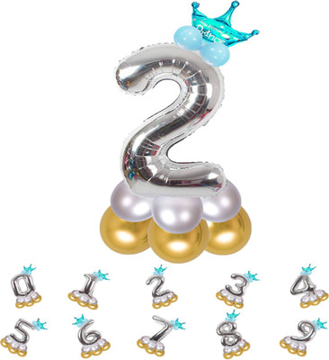 Fun Town Solid Birthday/Anniversary Decoration Pastel Balloons,Crown,2 Number Foil Balloons Set Balloon(Silver, Pack of 14)