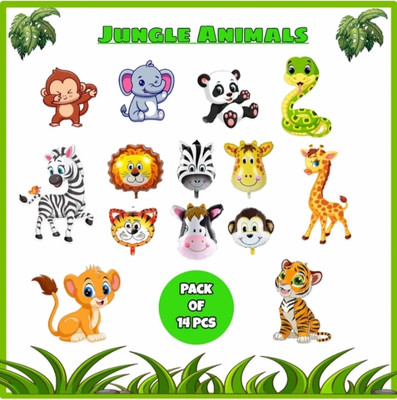 FLIPZONE Printed Pack Of Cute Jungle Animals Foil Balloons & Cutouts for Kids to Play Balloon(Multicolor, Pack of 14)