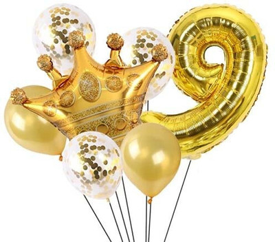 Tejal Trader Solid Gold 9 Digit Number foil Balloon with Crown Foil, Balloon for Birthday Balloon(Multicolor, Pack of 12)