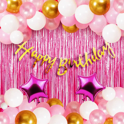 Happy Birthday Pink Decoration Combo 41Pcs - Balloon, Curtain, Banner, Star Foil