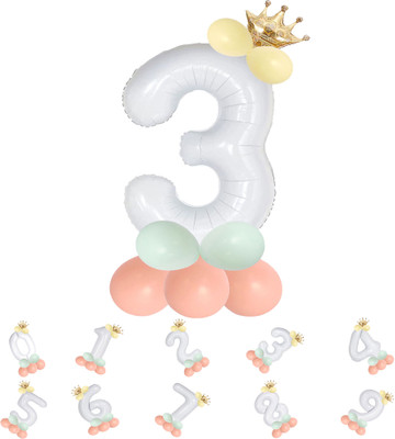 Fun Town Solid Birthday/Anniversary Decoration Pastel Balloons,Crown,3 Number Foil Balloons Set Letter Balloon(White, Pack of 13)