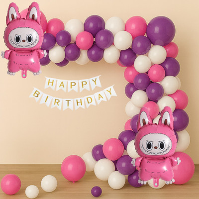 GIFTELLA Solid Purple, Pink & White Balloon with White Birthday Banner and Labubu Foil Balloon(Purple, Pink, White, Pack of 75)