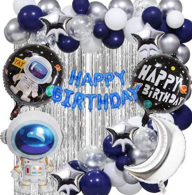 krido Blue Silver White Balloon Bdy Foil Moon Stars Astronaut with Arch and Glue Pump(Set of 67)