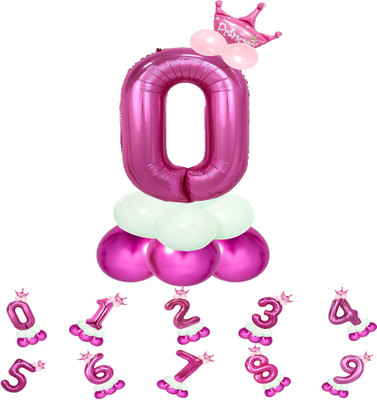 Party Bird Solid Birthday/Anniversary Decoration Pastel Balloons,Crown,0 Number Foil Balloons Set Letter Balloon(Pink, Pack of 14)