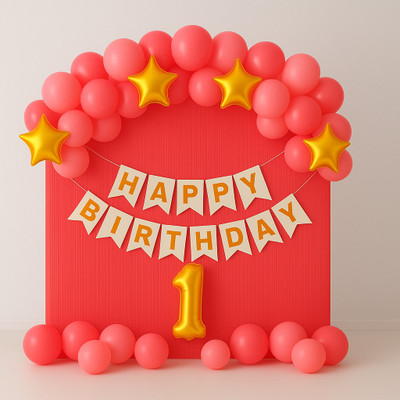 BALAJI BLESSINGS EVENTS Solid Pink & Golden 1st Birthday Decoration Set with Balloons & Star Foil Balloons Balloon(Pink, Gold, Pack of 33)