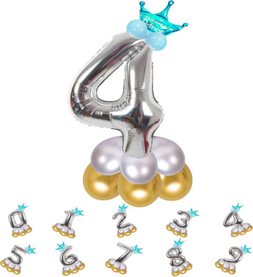 Party Parindey Solid Birthday/Anniversary Decoration Pastel Balloons,Crown,4 Number Foil Balloons Set Balloon(Silver, Pack of 14)