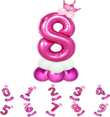 Fun Town Solid Birthday/Anniversary Decoration Pastel Balloons,Crown,8 Number Foil Balloons Set Letter Balloon(Pink, Pack of 14)