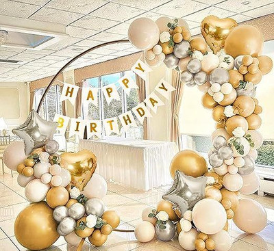 POPPFIZZANDDECOR Solid 64 Pcs Birthday Decoration Kit Balloons With White Cardboard Happy Birthday , Balloon(Silver, Gold, White, Pack of 64)