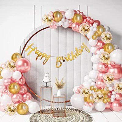 Freesia Solid Rose Gold Birthday Decoration Items Combo Set For Girls Kids Wife -Pack Balloon(Gold, White, Pack of 47)