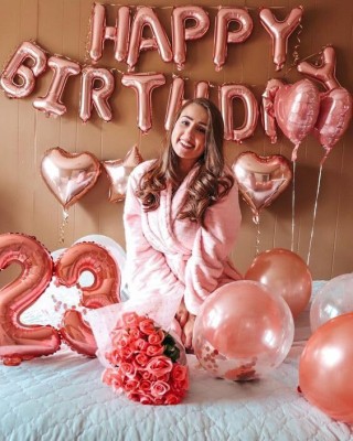 PartyBooms Solid Happy BIrthday RoseGold Decoration, 23 Rosegold Number 4 Rosegold Heart Balloon(Pink, Pack of 1)
