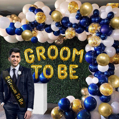 Giftzadda Printed "Groom to be" Golden Blue White Theme Foil Balloon Sash Decoration Kit Letter Balloon(Blue, Gold, White, Pack of 58)